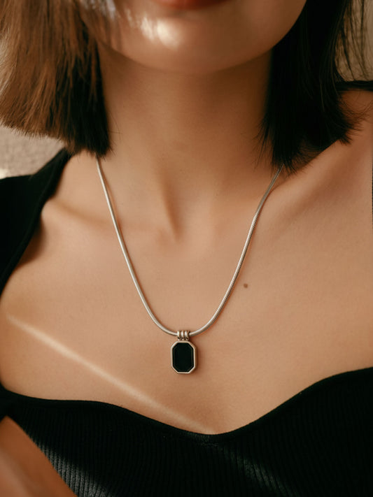 Silver Noir Octagon Pendant Necklace